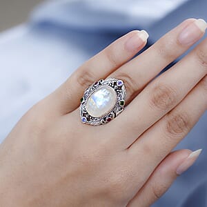 Artisan Crafted Rainbow Moonstone and Multi Gemstone Elephant Ring in Sterling Silver (Size 7.0) 13.65 ctw