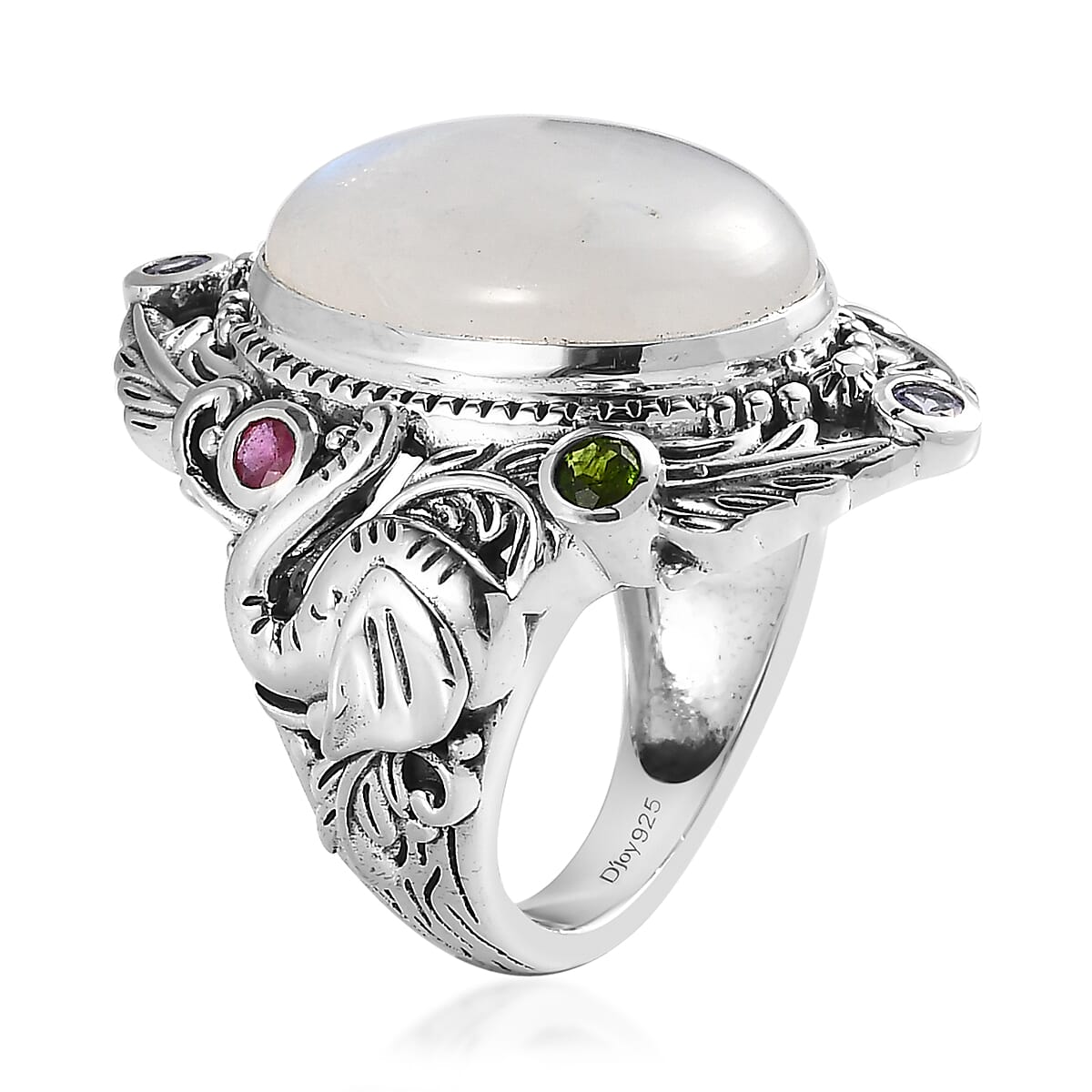 Artisan Crafted Rainbow Moonstone and Multi Gemstone Elephant Ring in Sterling Silver (Size 7.0) 13.65 ctw image number 2