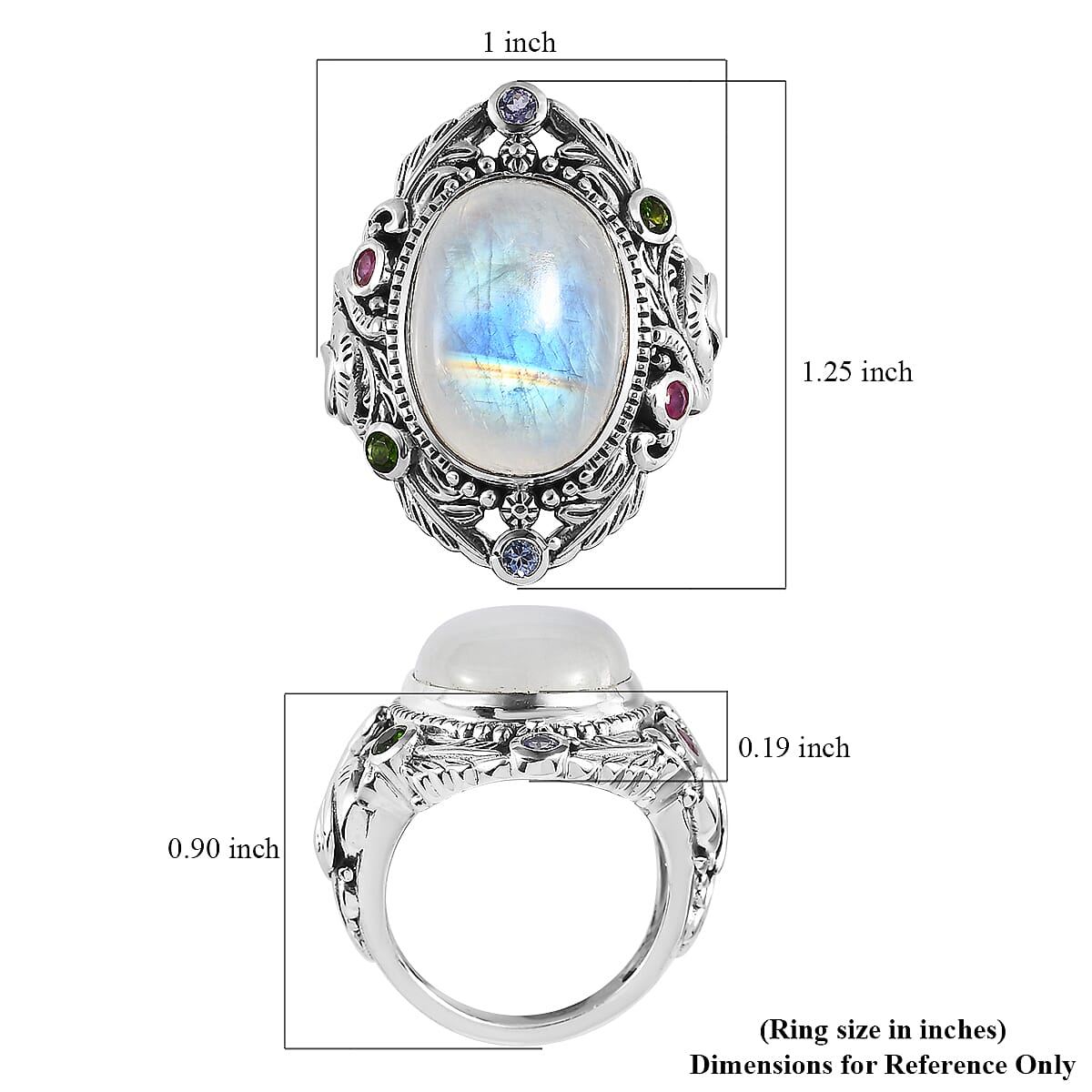 Artisan Crafted Rainbow Moonstone and Multi Gemstone Elephant Ring in Sterling Silver (Size 7.0) 13.65 ctw image number 4
