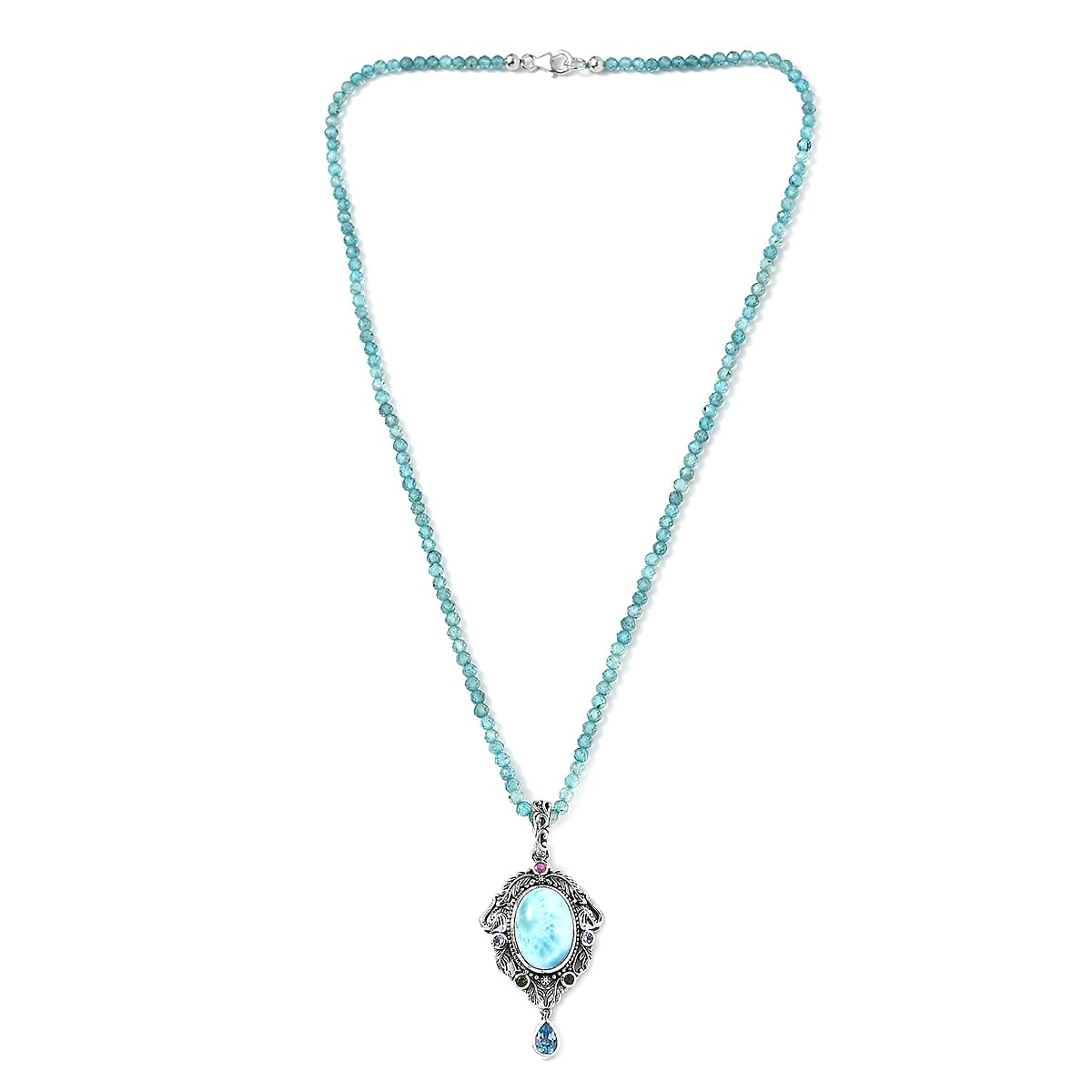 Artisan Crafted Larimar and Multi Gemstone Pendant with Blue Apatite Beaded Necklace 18 Inches in Sterling Silver 67.00 ctw image number 1