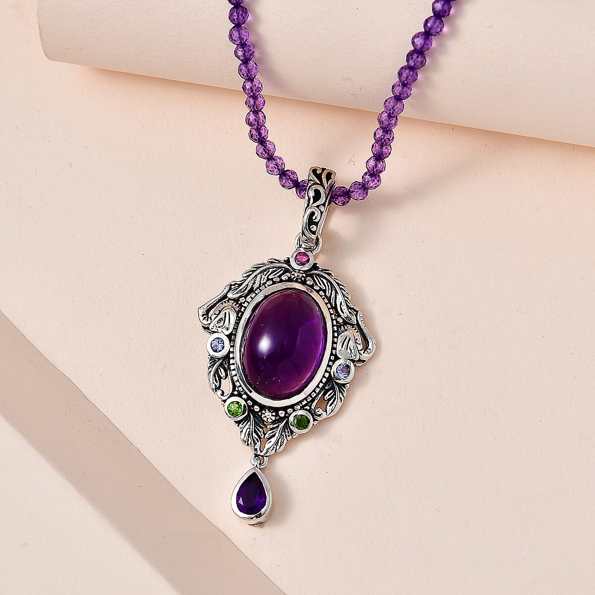 Artisan Crafted African Amethyst and Multi Gemstone Elephant Pendant with Amethyst Beaded Necklace 18 Inches in Sterling Silver 66.15 ctw image number 1