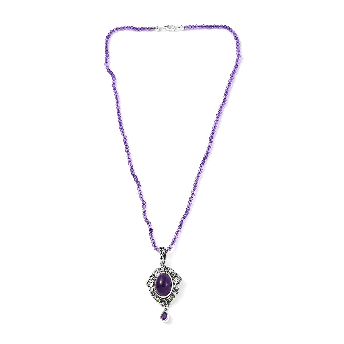 Artisan Crafted African Amethyst and Multi Gemstone Elephant Pendant with Amethyst Beaded Necklace 18 Inches in Sterling Silver 66.15 ctw image number 2