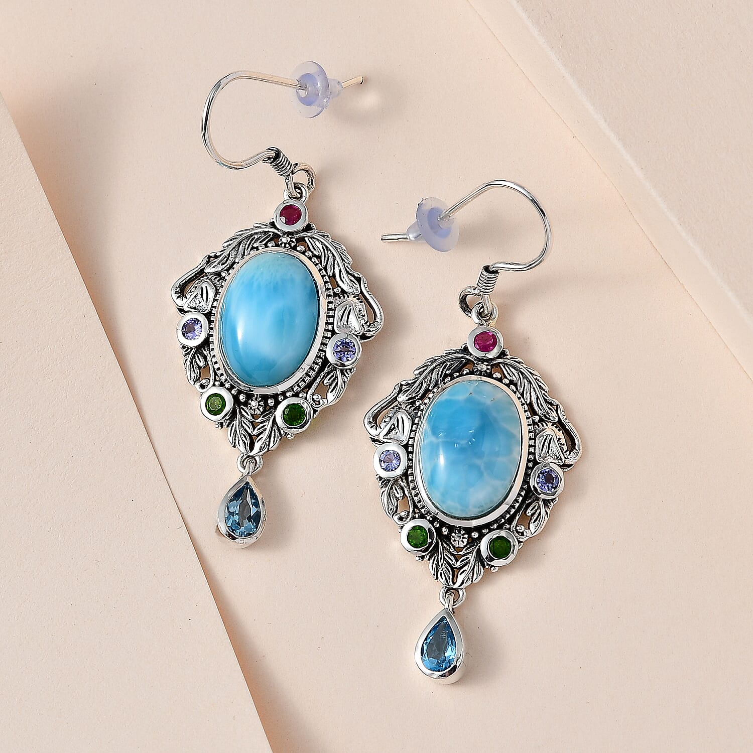 Artisan Crafted Larimar and Multi Gemstone Elephant Earrings in Sterling Silver 16.00 ctw