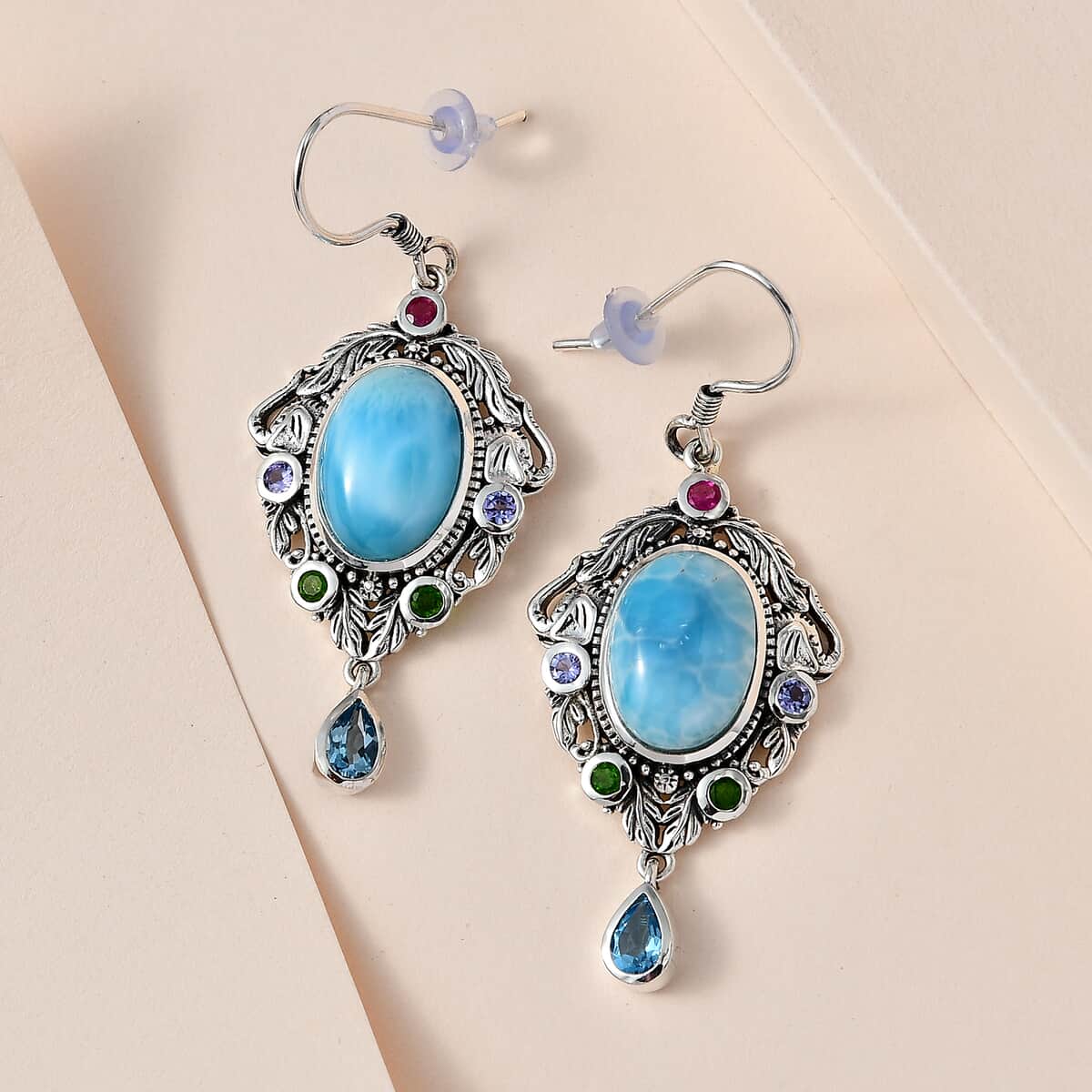 Artisan Crafted Larimar and Multi Gemstone Earrings in Sterling Silver 16.00 ctw image number 1