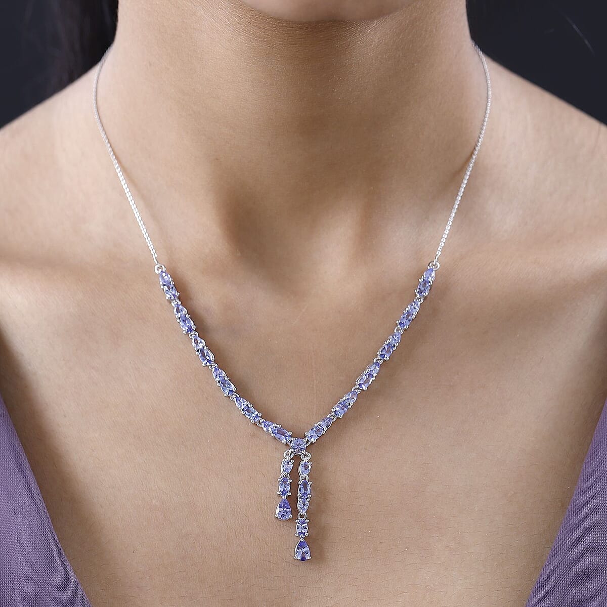 D'Joy Tanzanite 6.50 ctw 18 Inch Drop Necklace in Platinum Over Sterling Silver, Tanzanite Jewelry, Birthday Anniversary Wedding Gift For Her image number 2
