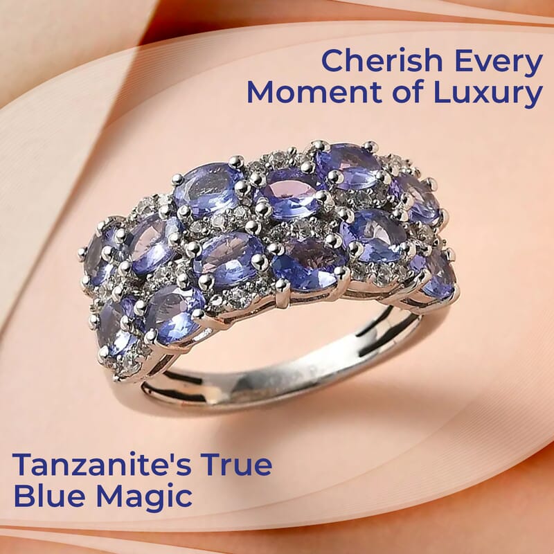 Tanzanite Cluster Ring, Tanzanite Ring, White Zircon Accent Ring, Platinum Over Sterling Silver Ring, Tanzanite Jewelry For Her 2.25 ctw