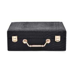 Snake Skin Pattern Faux Leather 2 pcs Jewelry Box Set with Multi Section and Mirror - Black