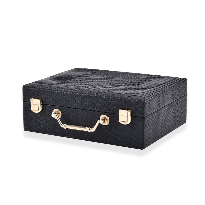 Snake Skin Pattern Faux Leather 2 pcs Jewelry Box Set with Multi Section and Mirror - Black