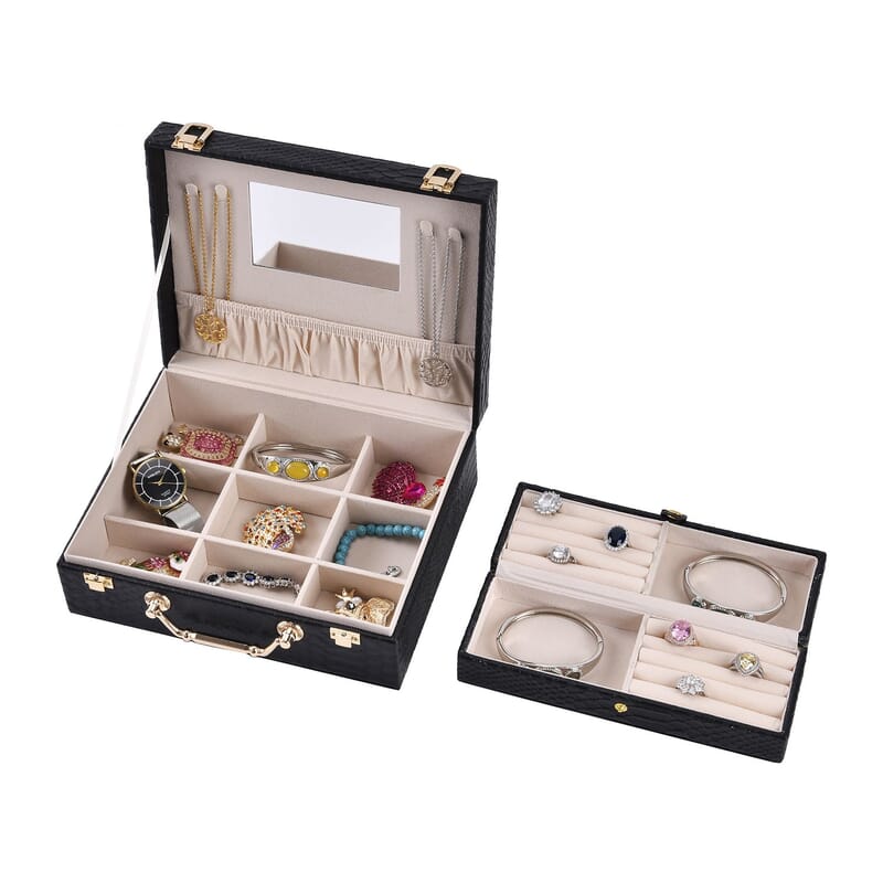 Snake Skin Pattern Faux Leather 2 pcs Jewelry Box Set with Multi Section and Mirror - Black