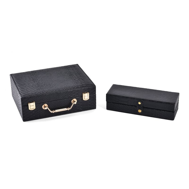 Snake Skin Pattern Faux Leather 2 pcs Jewelry Box Set with Multi Section and Mirror - Black