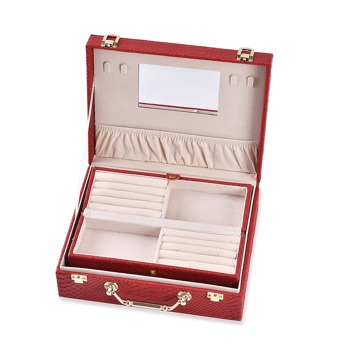 Snake Skin Pattern Faux Leather 2 pcs Jewelry Box Set with Multi Section and Mirror, Anti Tarnish Jewelry Case, Jewelry Organizer, Jewelry Storage Box  - Burgundy image number 3