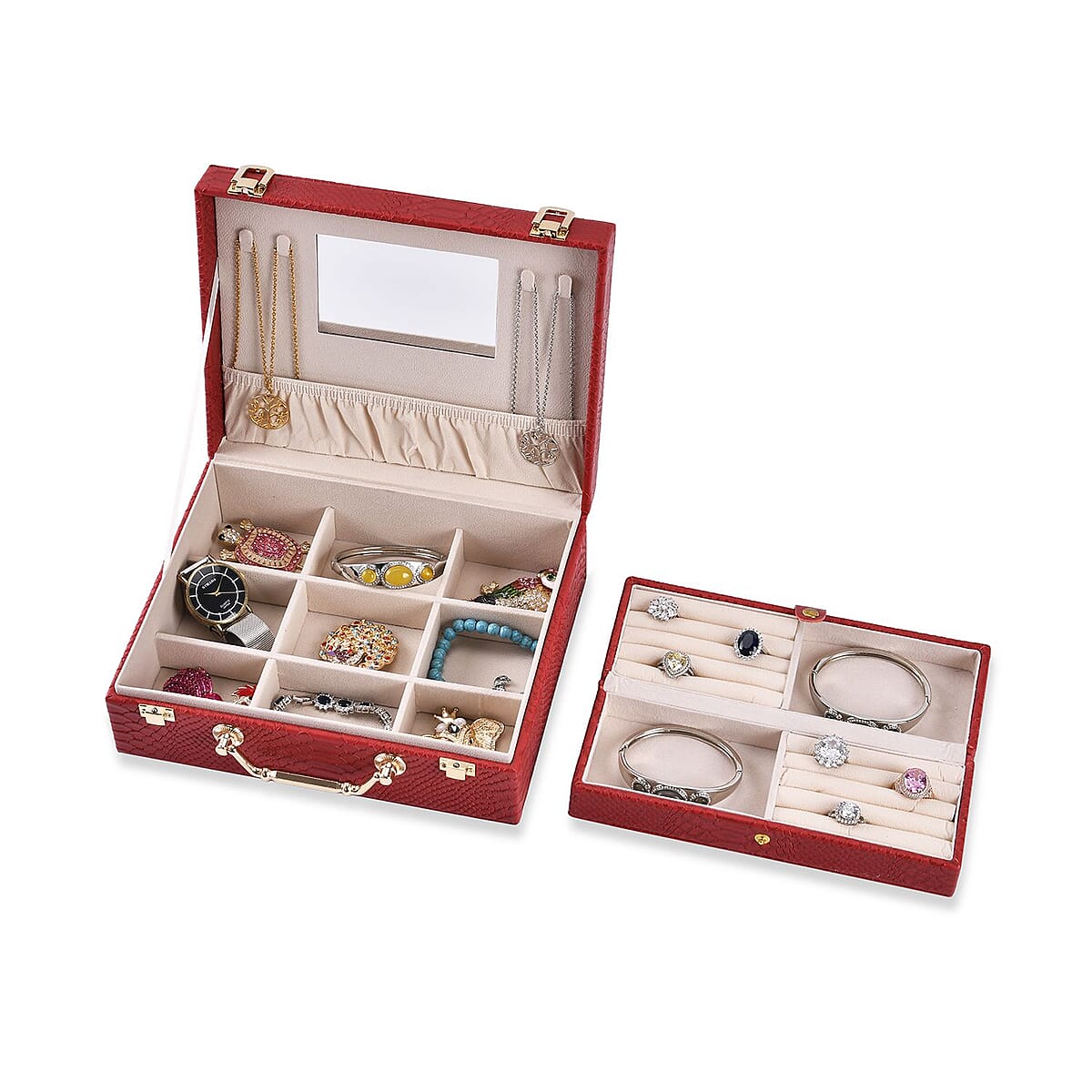 Snake Skin Pattern Faux Leather 2 pcs Jewelry Box Set with Multi Section and Mirror, Anti Tarnish Jewelry Case, Jewelry Organizer, Jewelry Storage Box  - Burgundy image number 5