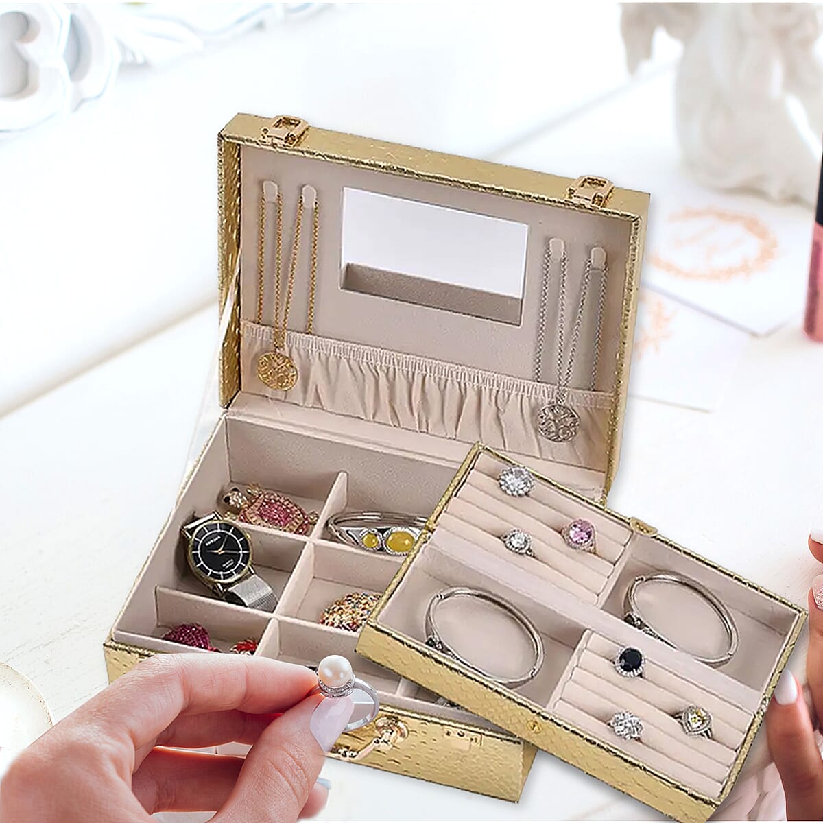 Snake Skin Pattern Faux Leather 2 pcs Jewelry Box Set with Multi Section and Mirror, Anti Tarnish Jewelry Case, Jewelry Organizer, Jewelry Storage Box  - Golden (9.25x7.28x3.35) image number 1