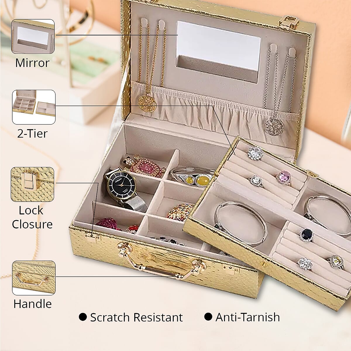 Snake Skin Pattern Faux Leather 2 pcs Jewelry Box Set with Multi Section and Mirror, Anti Tarnish Jewelry Case, Jewelry Organizer, Jewelry Storage Box  - Golden (9.25x7.28x3.35) image number 2