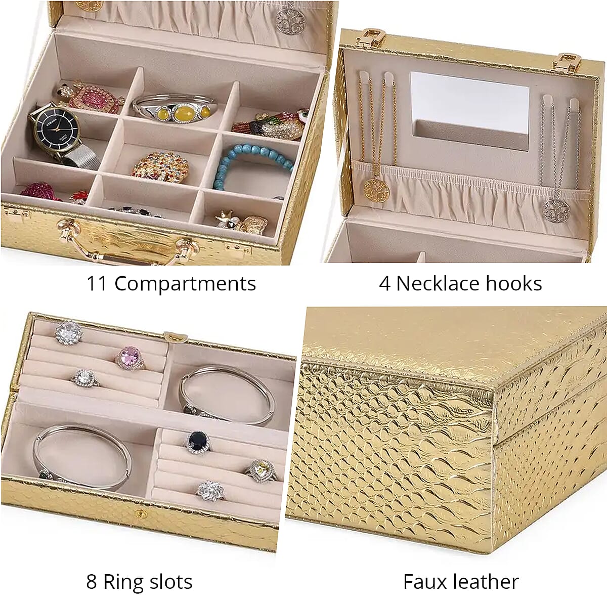 Snake Skin Pattern Faux Leather 2 pcs Jewelry Box Set with Multi Section and Mirror, Anti Tarnish Jewelry Case, Jewelry Organizer, Jewelry Storage Box  - Golden (9.25x7.28x3.35) image number 3