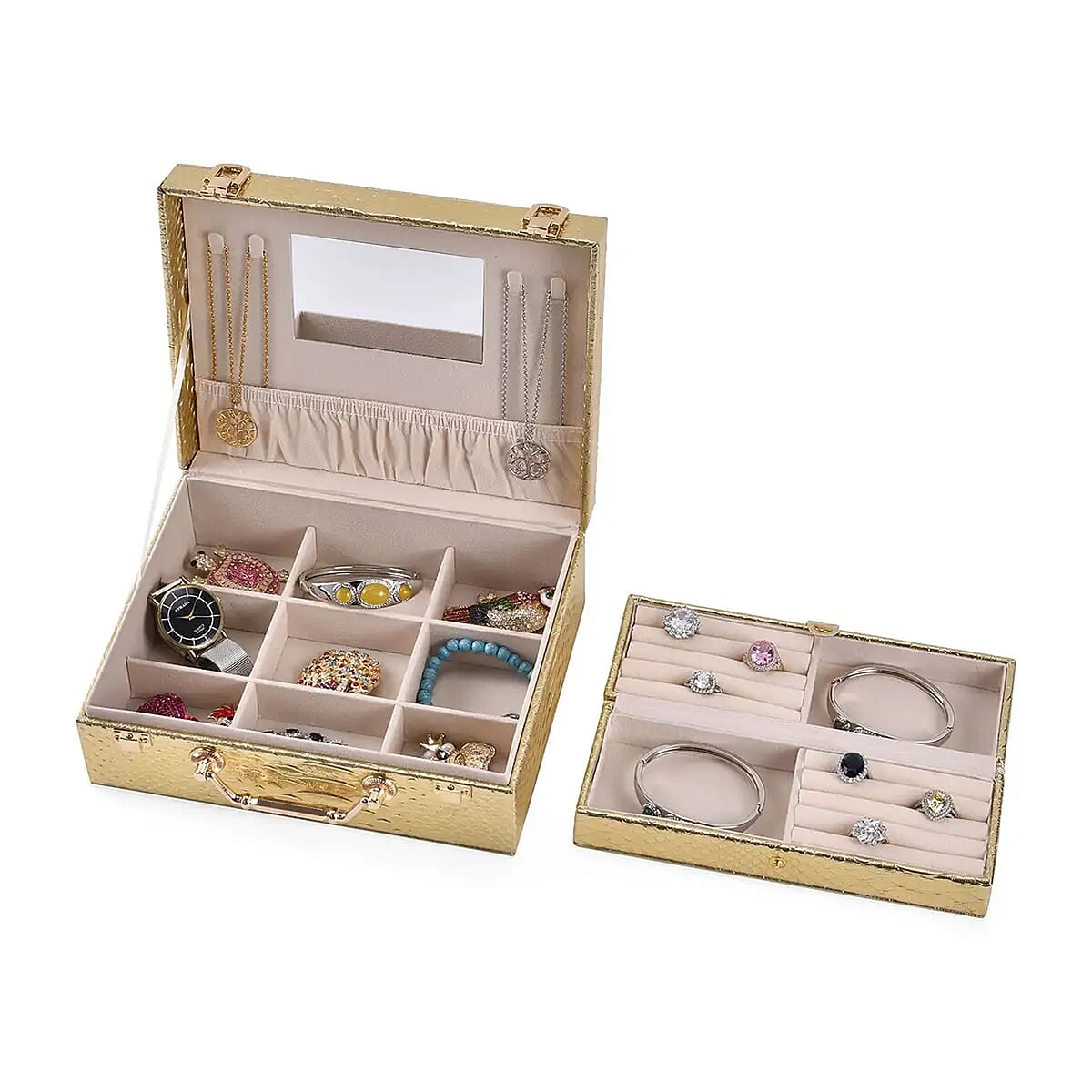 Snake Skin Pattern Faux Leather 2 pcs Jewelry Box Set with Multi Section and Mirror, Anti Tarnish Jewelry Case, Jewelry Organizer, Jewelry Storage Box  - Golden (9.25x7.28x3.35) image number 5