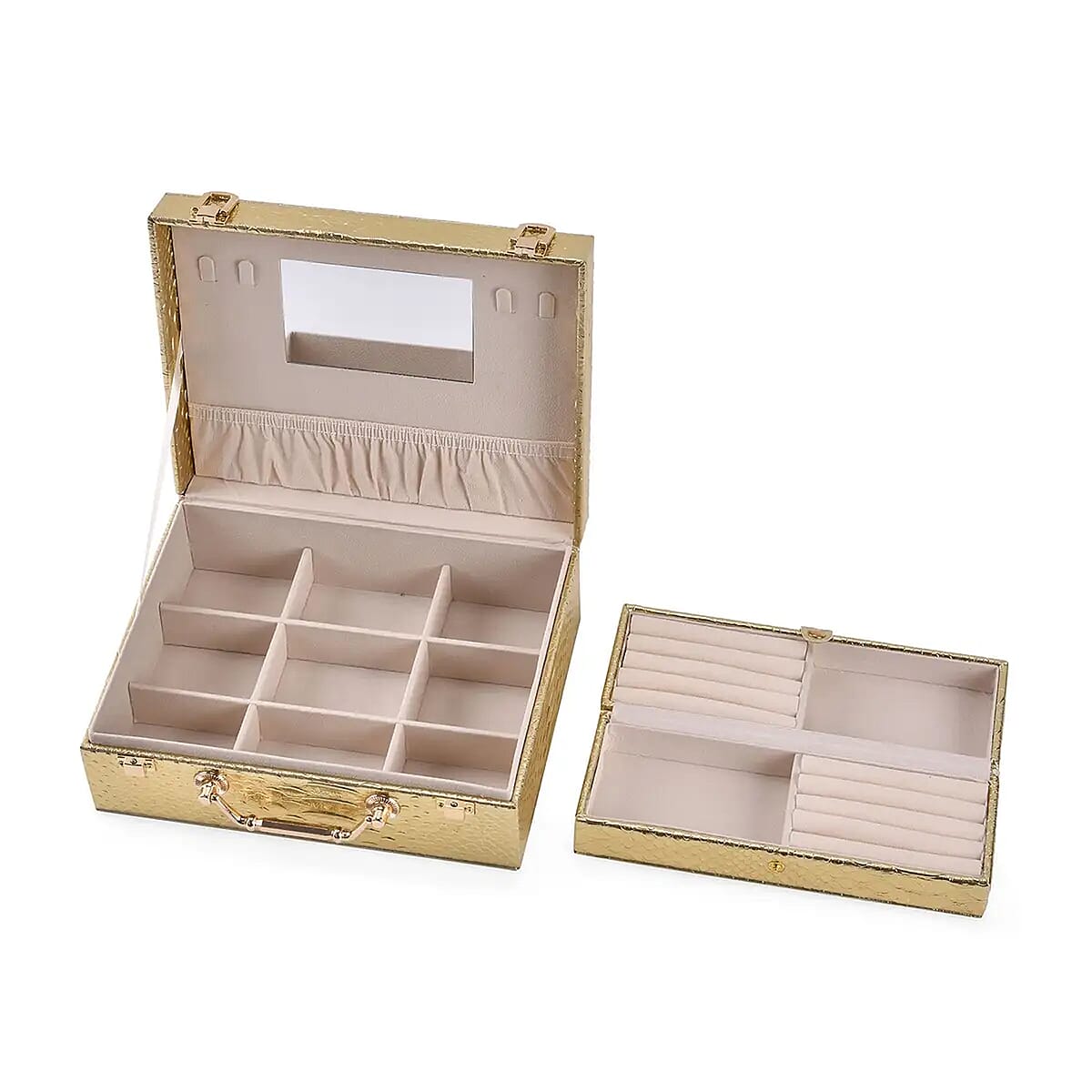 Snake Skin Pattern Faux Leather 2 pcs Jewelry Box Set with Multi Section and Mirror, Anti Tarnish Jewelry Case, Jewelry Organizer, Jewelry Storage Box  - Golden (9.25x7.28x3.35) image number 6