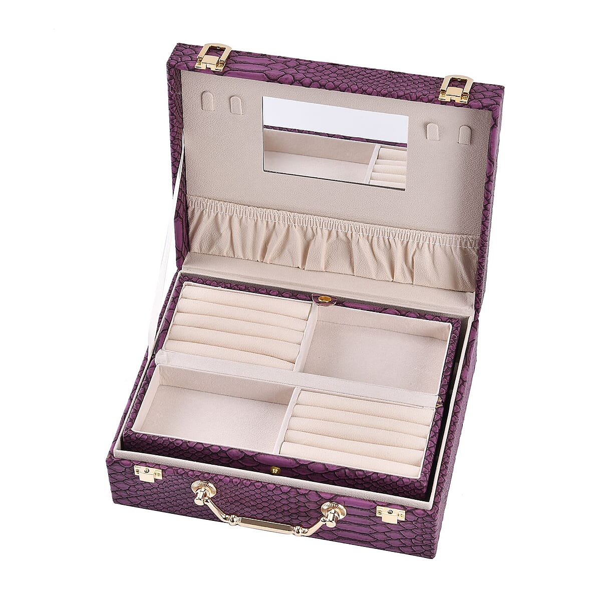 Snake Skin Pattern Faux Leather 2 pcs Jewelry Box Set with Multi Section and Mirror, Anti Tarnish Jewelry Case, Jewelry Organizer, Jewelry Storage Box  - Purple image number 3