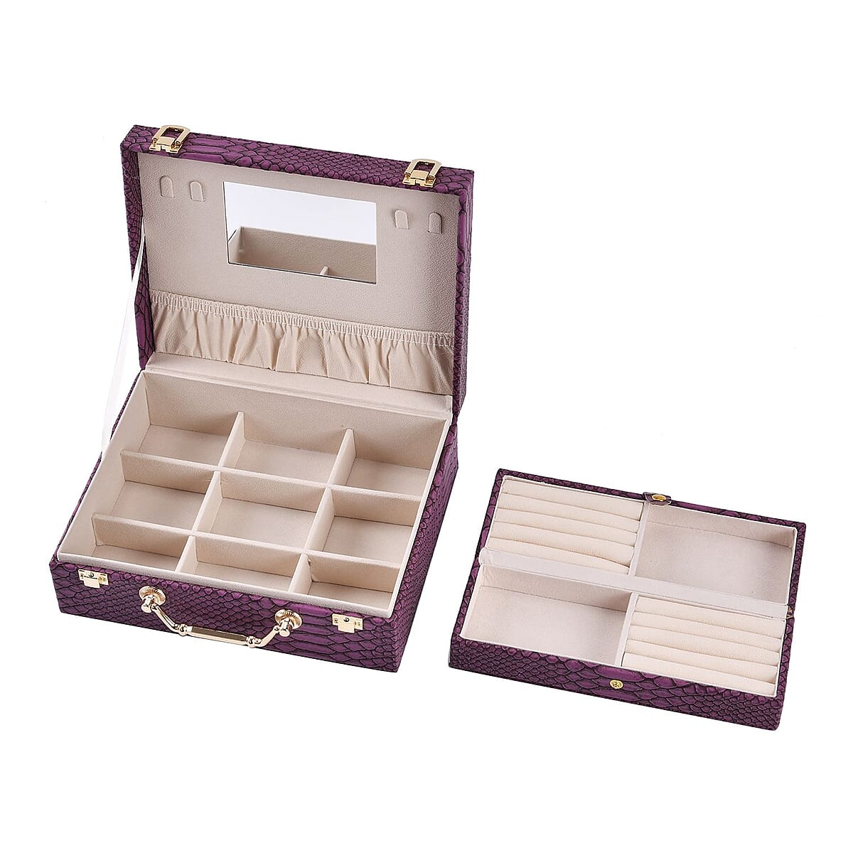 Snake Skin Pattern Faux Leather 2 pcs Jewelry Box Set with Multi Section and Mirror, Anti Tarnish Jewelry Case, Jewelry Organizer, Jewelry Storage Box  - Purple image number 4
