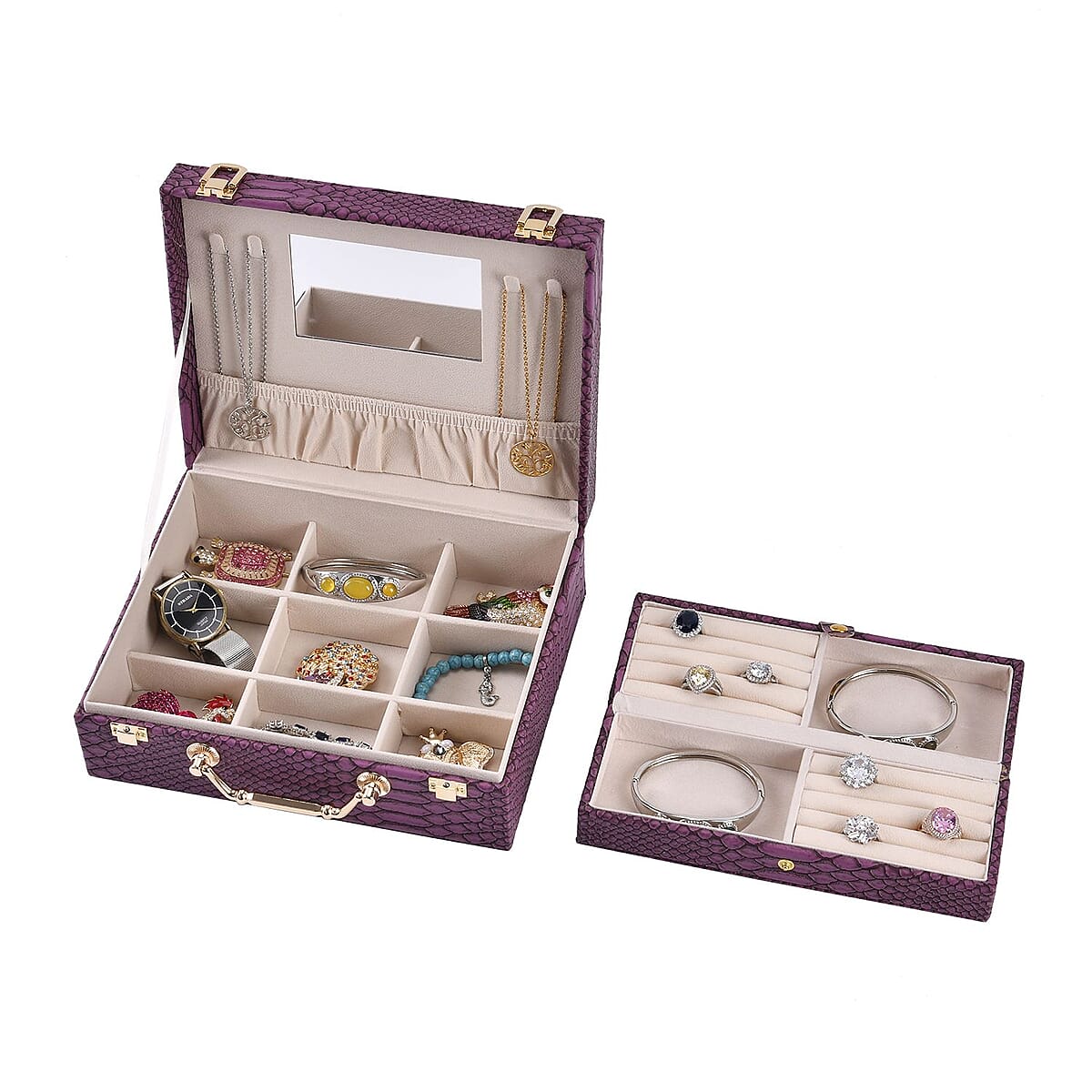 Snake Skin Pattern Faux Leather 2 pcs Jewelry Box Set with Multi Section and Mirror, Anti Tarnish Jewelry Case, Jewelry Organizer, Jewelry Storage Box  - Purple image number 5