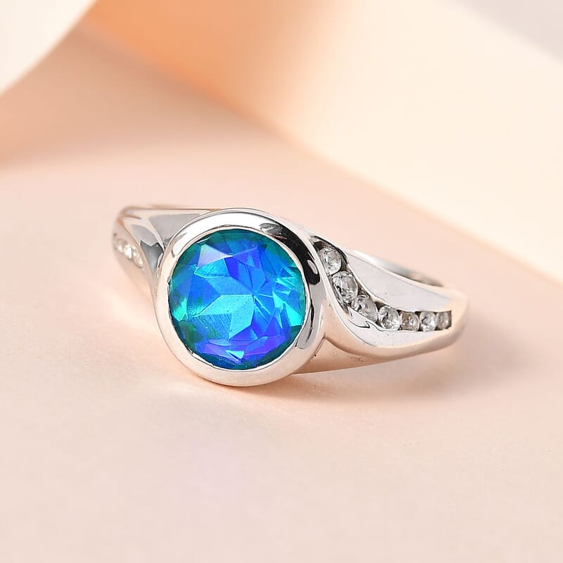 Paraiba Peacock Quartz (Triplet) and White Zircon 2.75 ctw Ring in Platinum Over Sterling Silver (Size 11.5)