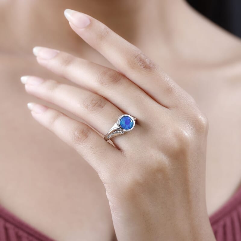 Paraiba Peacock Quartz (Triplet) and White Zircon 2.75 ctw Ring in Platinum Over Sterling Silver (Size 11.5)