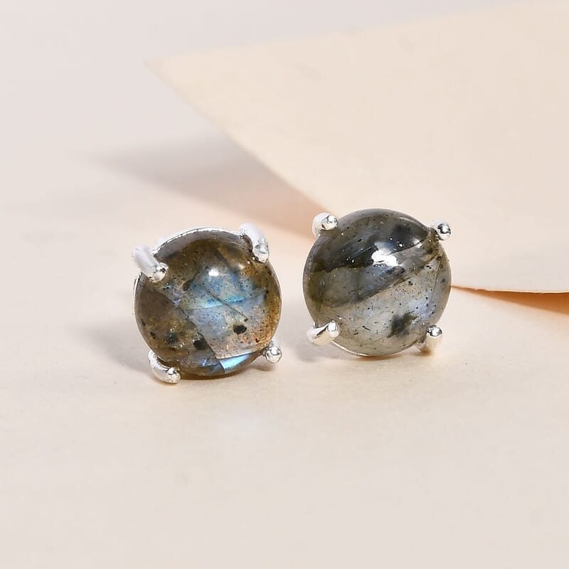 Malagasy Labradorite 5.15 ctw Solitaire Stud Earrings in Sterling Silver 