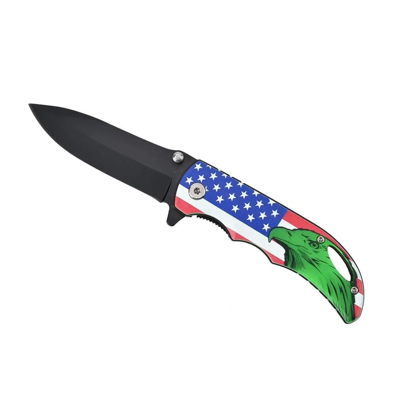 Flag Printed Pattern Locking Folding Knife with 3.5 Black Blade and Belt Clip (Stainless Steel)
