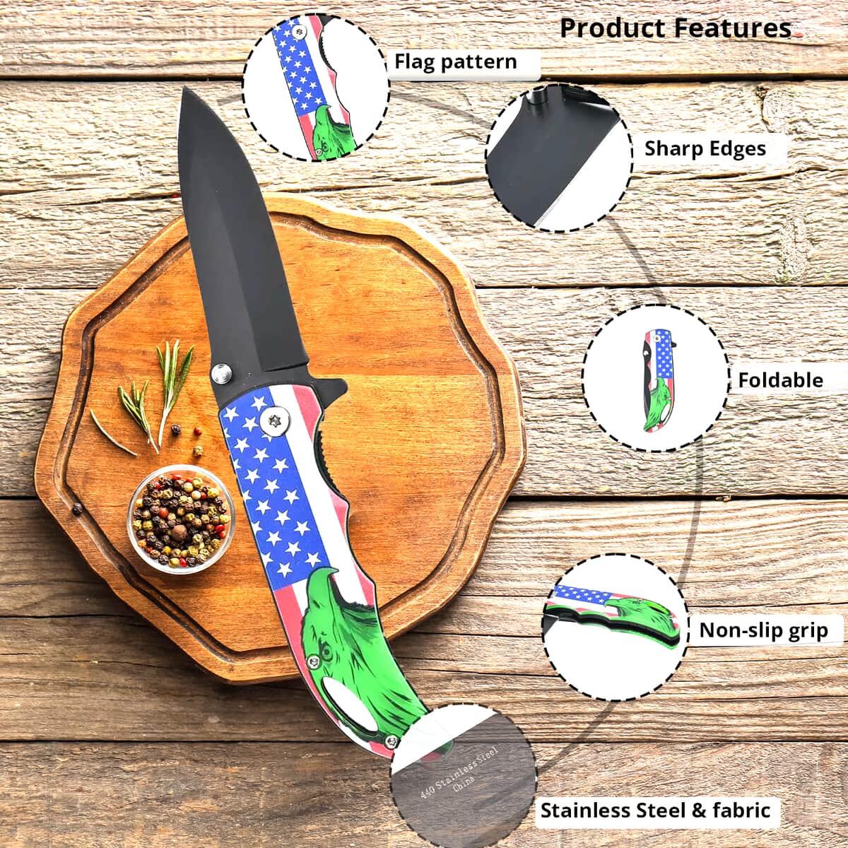 Portable Flag Printed Pattern Folding Knife with Black Blade (Stainless Steel) image number 1