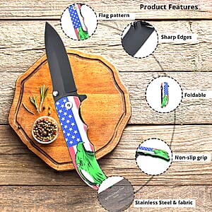 Flag Printed Pattern Locking Folding Knife with 3.5 Black Blade and Belt Clip (Stainless Steel)