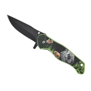 Bear Printed Pattern Locking Folding Knife with 3.5 Black Blade and Belt Clip (Stainless Steel)