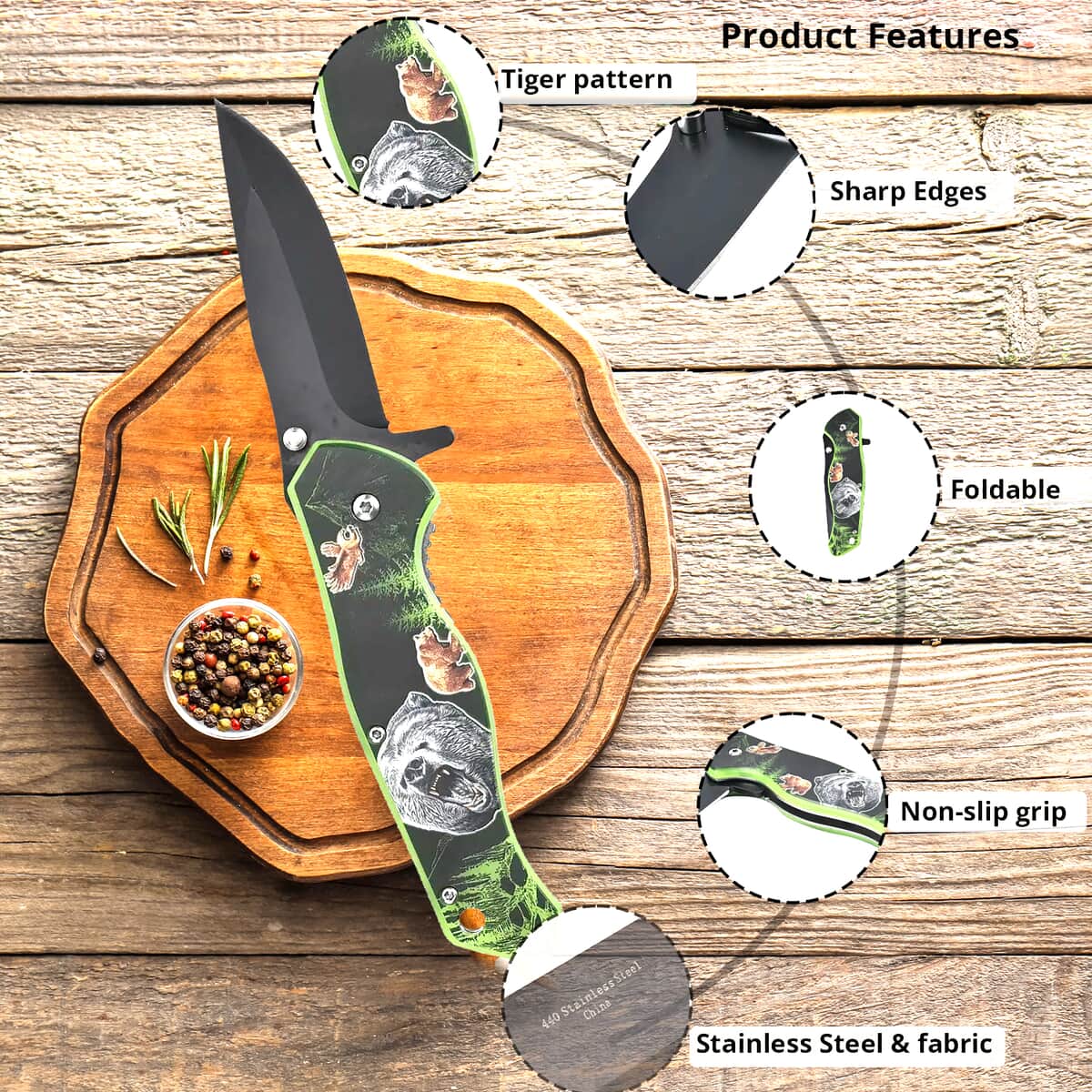 Bear Printed Pattern Locking Folding Knife with 3.5 Black Blade and Belt Clip (Stainless Steel) image number 1