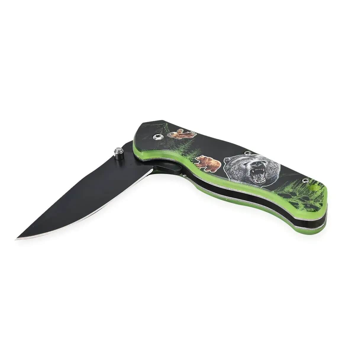 Bear Printed Pattern Locking Folding Knife with 3.5 Black Blade and Belt Clip (Stainless Steel) image number 4