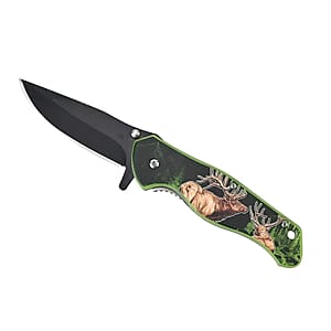 Deer Printed Pattern Locking Folding Knife with 3.5 Black Blade and Belt Clip (Stainless Steel)