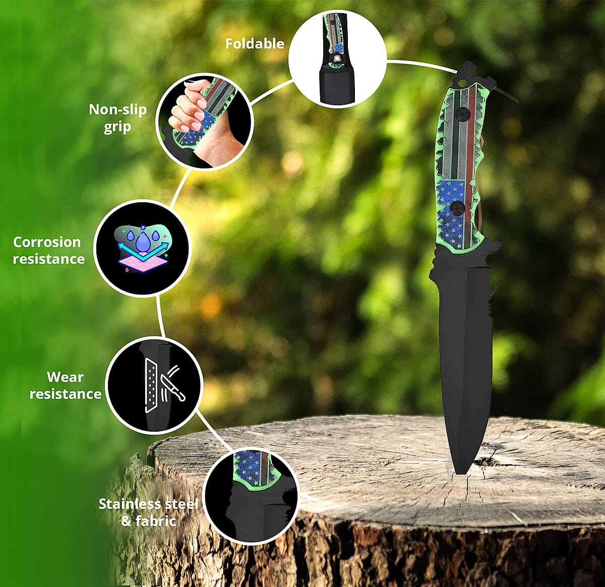 Flag Printed Pattern 11 Non Folding Knife with Stainless Steel Black Blade and Sheath, Survival Fixed Blade Knife, Camping Knives image number 1