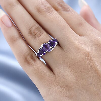 Amethyst 5 Stone Ring in Platinum Over Sterling Silver (Size 6.0) 1.50 ctw