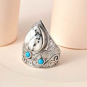 White Buffalo and Sleeping Beauty Turquoise 5.71 ctw Fancy Ring in Platinum Over Sterling Silver (Size 10)