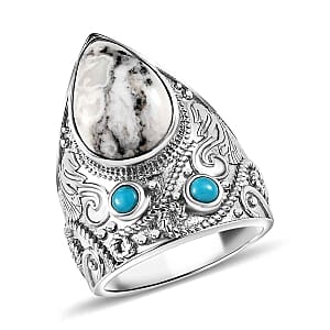 White Buffalo and Sleeping Beauty Turquoise 5.71 ctw Fancy Ring in Platinum Over Sterling Silver (Size 10)