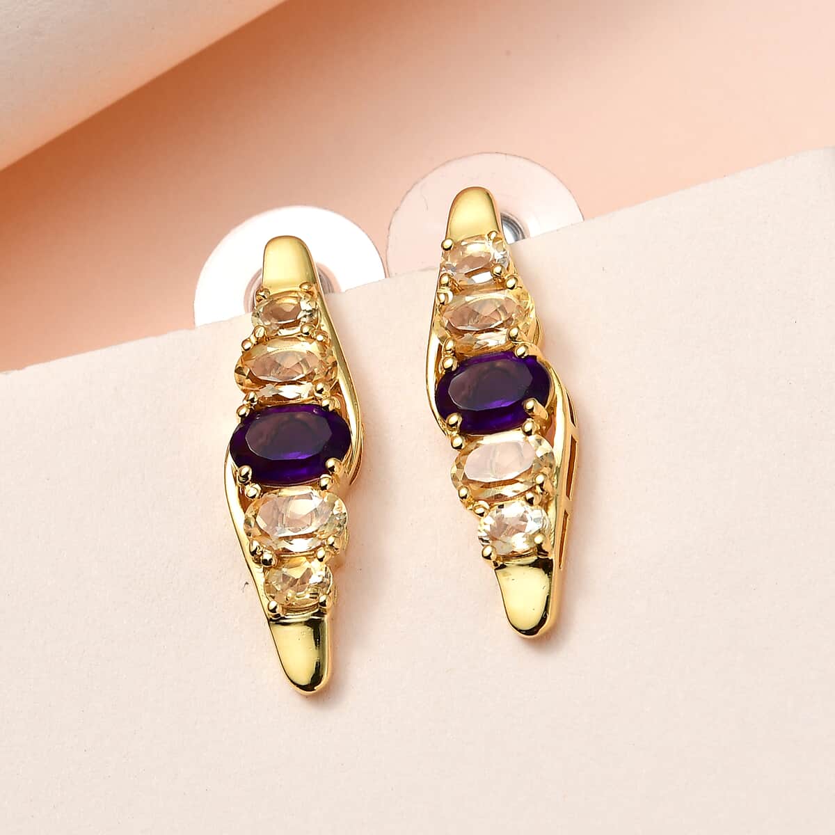 African Amethyst and Brazilian Citrine Earrings in Vermeil Yellow Gold Over Sterling Silver 3.75 ctw image number 1