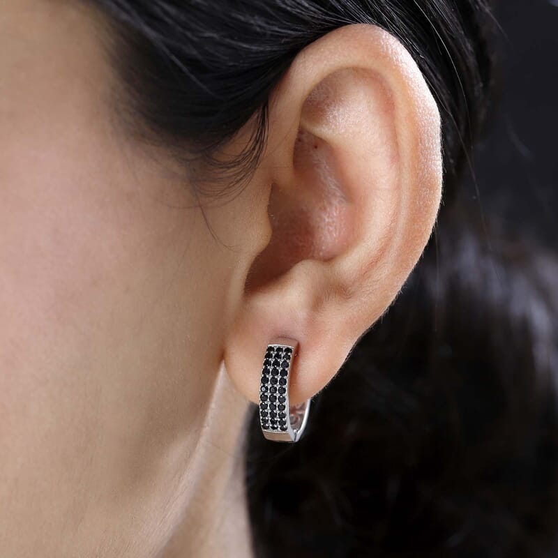 Thai Black Spinel Hoop Earrings in Platinum Over Sterling Silver 0.75 ctw