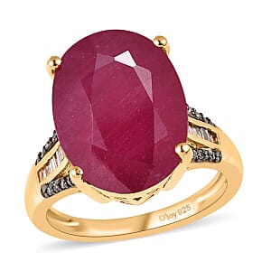 Niassa Ruby (FF), Natural Champagne Diamond (0.25 cts) Ring in Vermeil YG Over Sterling Silver (Size 10.0) 15.75 ctw