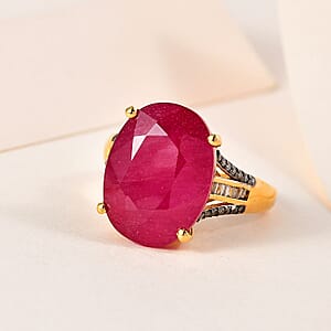 Niassa Ruby (FF), Natural Champagne Diamond (0.25 cts) Ring in Vermeil YG Over Sterling Silver (Size 10.0) 15.75 ctw