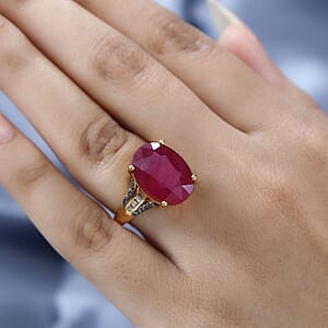 Niassa Ruby (FF), Natural Champagne Diamond (0.25 cts) Ring in Vermeil YG Over Sterling Silver (Size 10.0) 15.75 ctw