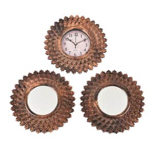 Bronze Color Sunburst Wall Clock (1xAA Battery Not Included) and 2pcs Mirror
