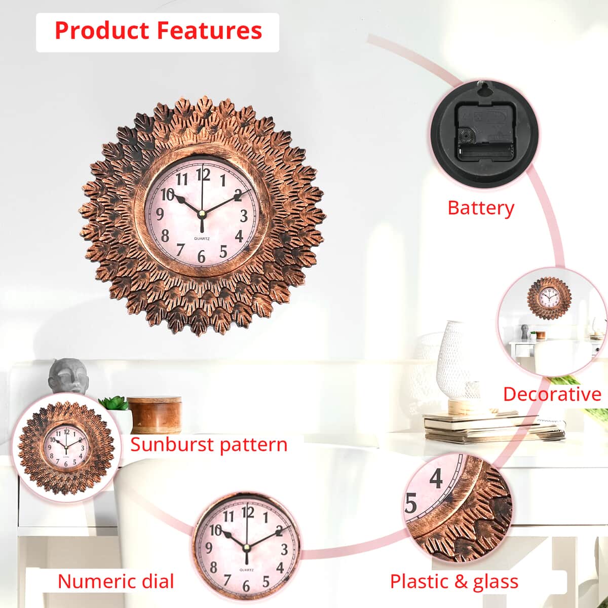 Bronze Color Sunburst Wall Clock (1xAA Battery Not Included) and 2pcs Mirror image number 1