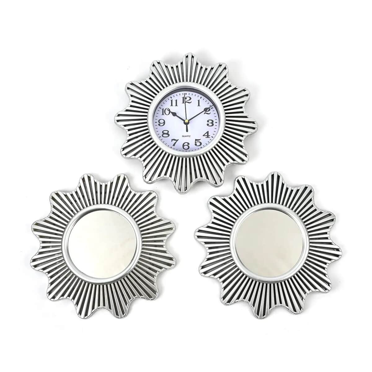 Silver Color Sunburst Wall Clock (1xAA Battery Not Included) and 2pcs Mirror image number 0