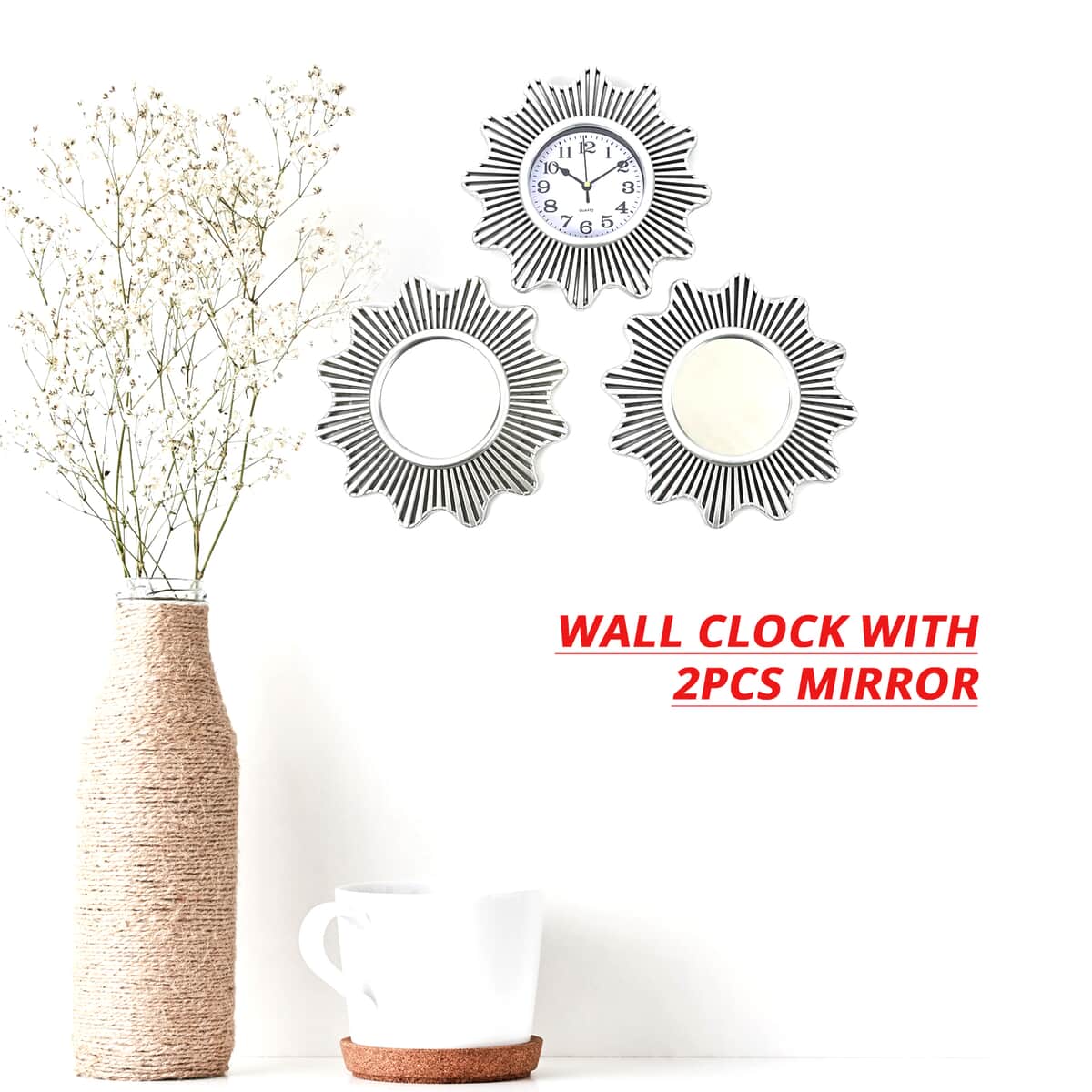 Silver Color Sunburst Wall Clock (1xAA Battery Not Included) and 2pcs Mirror image number 2