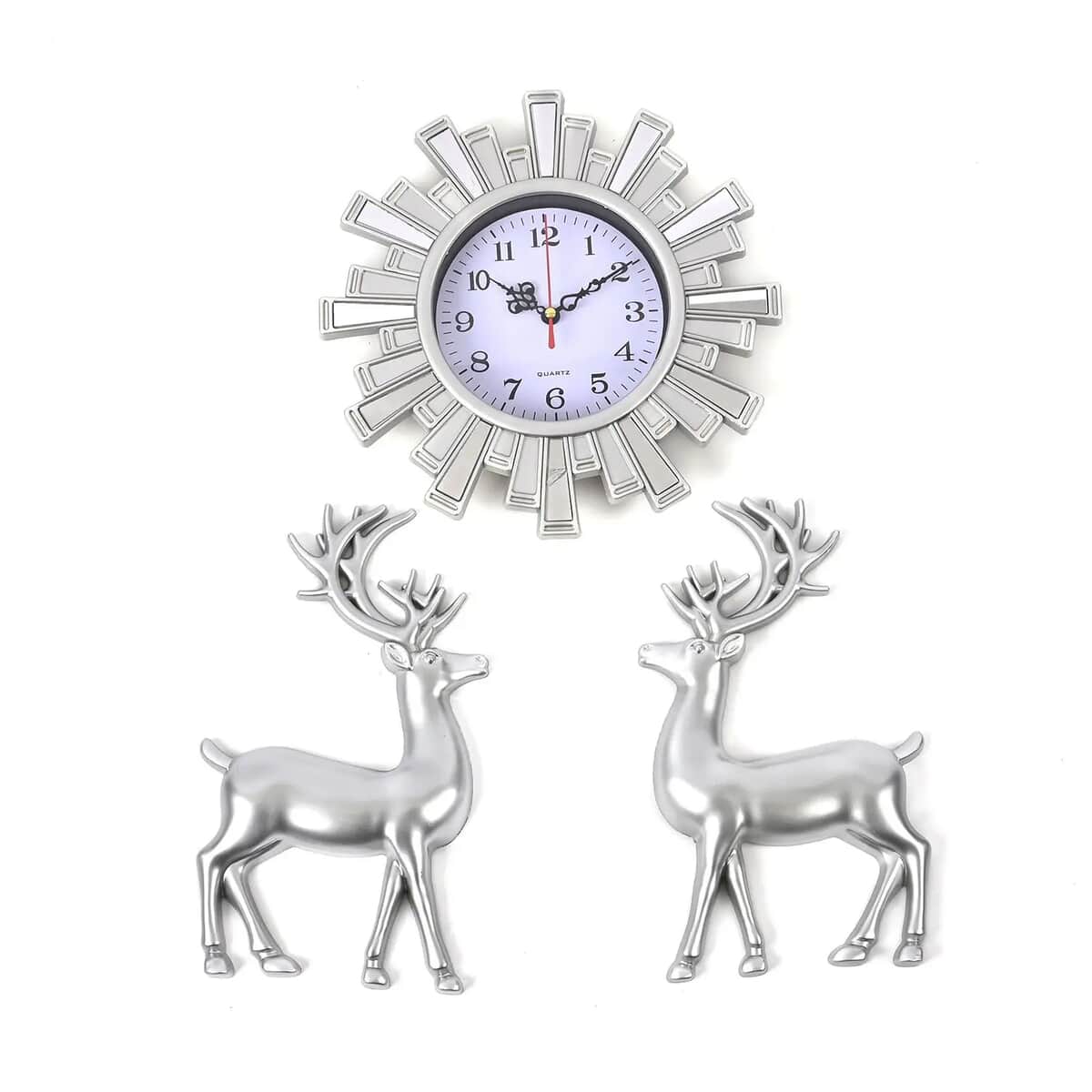 Silver Color Fancy Wall Clock (1xAA Battery Not Included) and 2pcs Deer Decor image number 0
