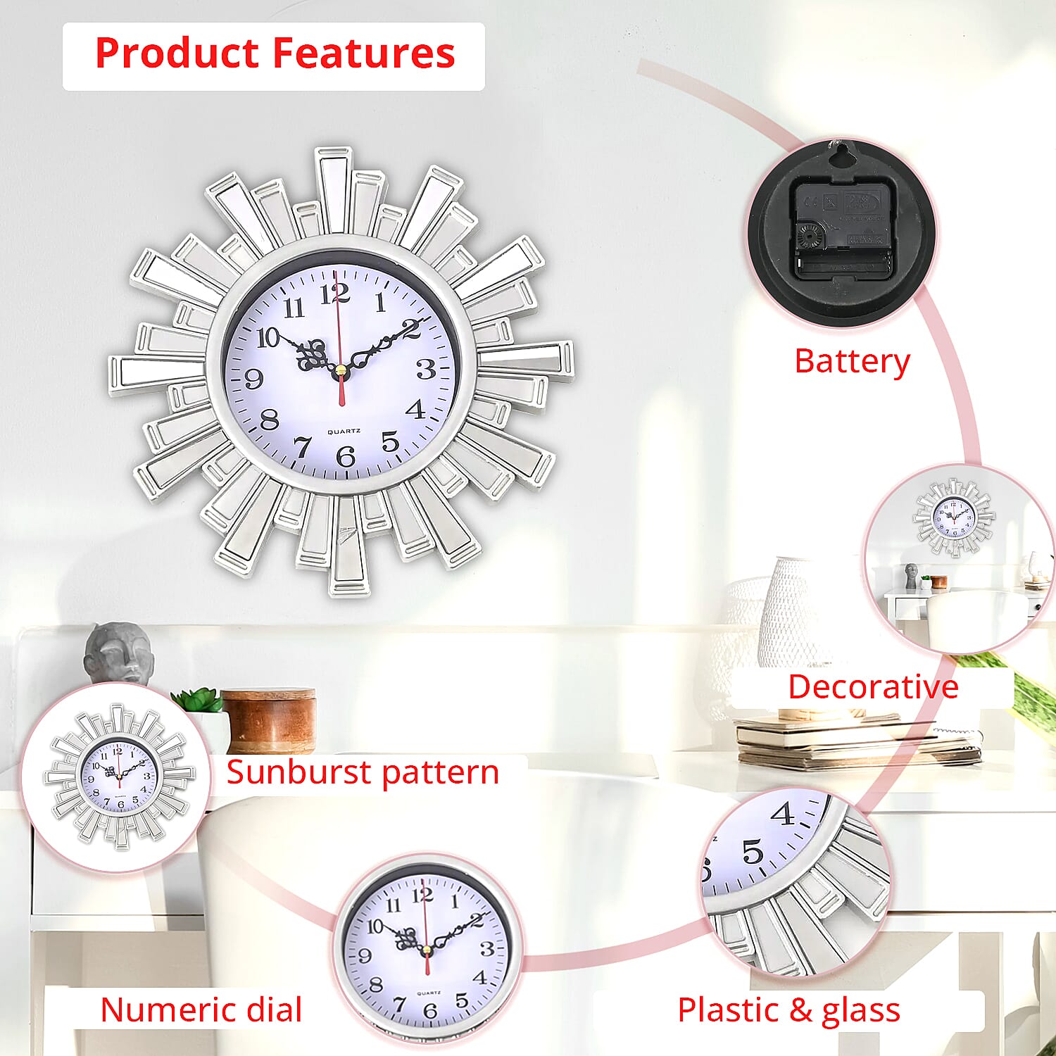 Silver Color Fancy Wall Clock (1xAA Battery Not Included) and 2pcs Deer Decor