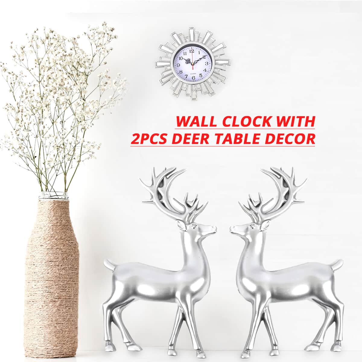 Silver Color Fancy Wall Clock (1xAA Battery Not Included) and 2pcs Deer Decor image number 2